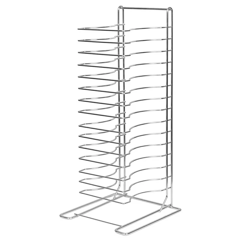 Winco 15 slot pizza rack, tall wire rack with evenly spaced shelves for pizza pans and screens, empty