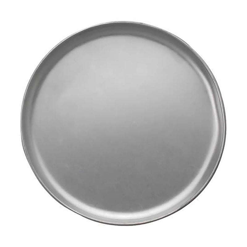 Winco aluminum coupe style pizza pan, round natural aluminum pan with low rolled rim, top angled view