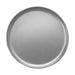 Winco aluminum coupe style pizza pan, round natural aluminum pan with low rolled rim, top angled view