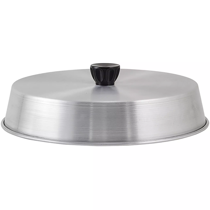 Winco aluminum grill basting cover, domed brushed aluminum lid with black heat-resistant knob, side view