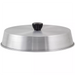 Winco aluminum grill basting cover, domed brushed aluminum lid with black heat-resistant knob, side view