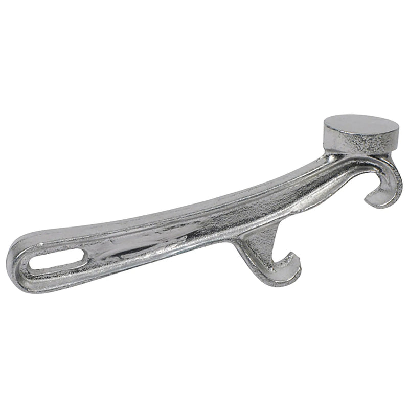 Winco aluminum pail opener, silver metal hand tool with hooked lever end for prying open bucket lids