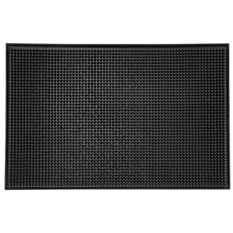 Winco bar service mat, black rubber rectangular spill mat with raised nub surface shown from above