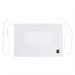 Winco bistro half length apron in white, front view showing the wide front pocket and long white waist ties