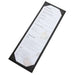 Winco black single-view menu cover, tall narrow size shown with a printed menu insert, angled view