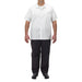 Winco black universal fit chef pants worn with a white short sleeve cook shirt, full-length front view on a model