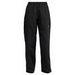 Winco black universal fit chef pants, front view laid flat showing the elastic drawstring waist and side pockets
