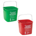 Winco cleaning buckets in various colours and sizes, green soap solution and red sanitizing pails
