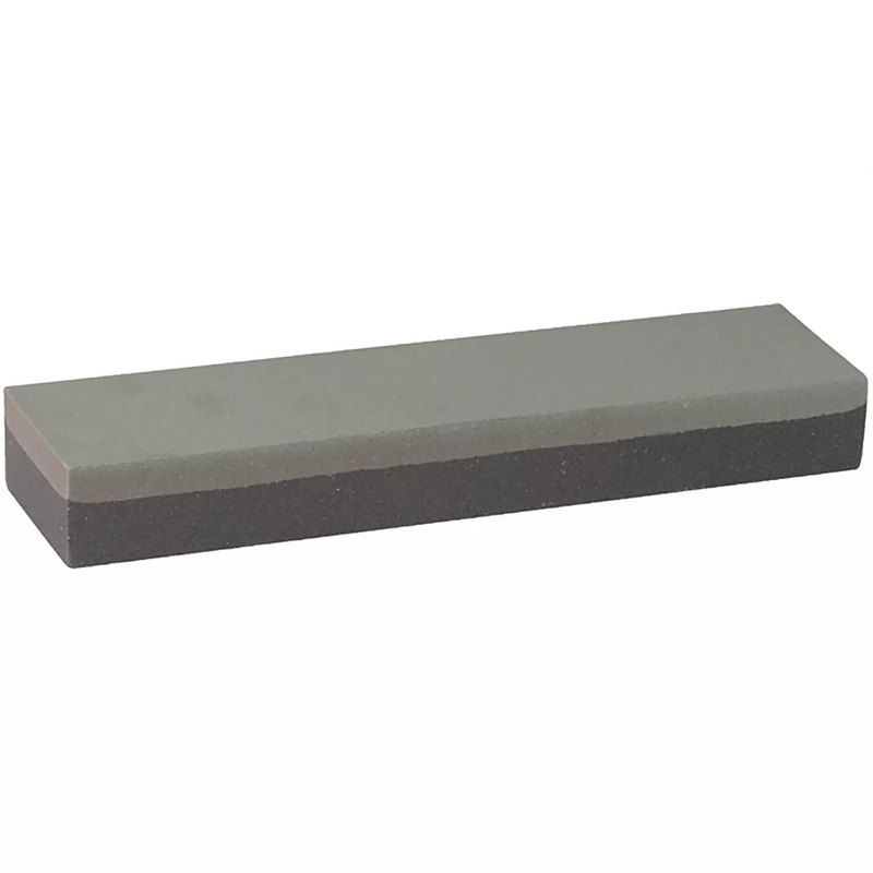 Winco combination sharpening stone with fine and medium grain, grey rectangular whetstone, angled side view