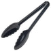 Winco CURV black serving tongs with scalloped spoon-style grips, medium size option, angled view