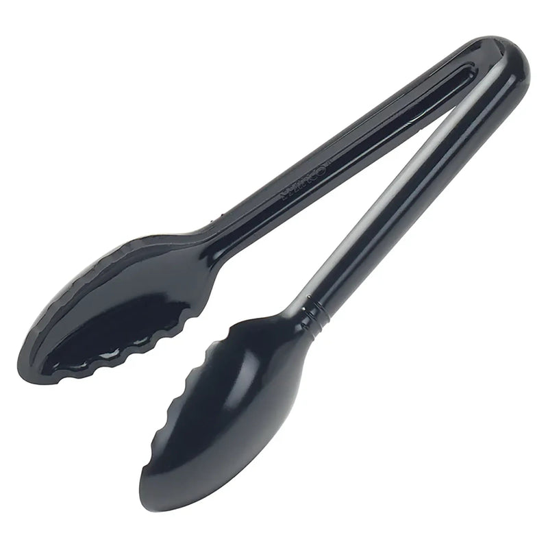 Winco CURV black serving tongs, polycarbonate scalloped-edge tongs, smallest size option, angled view