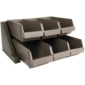Winco cutlery organizer bin set, two-tier grey-brown plastic stand holding six open-front bins