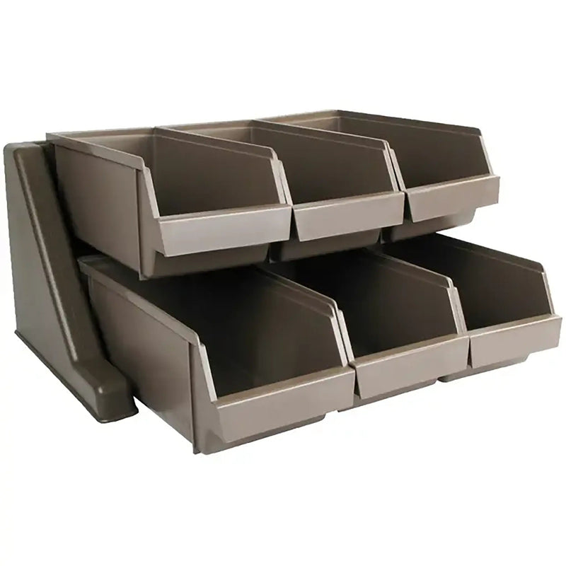 Winco cutlery organizer bin set, two-tier grey-brown plastic stand holding six open-front bins