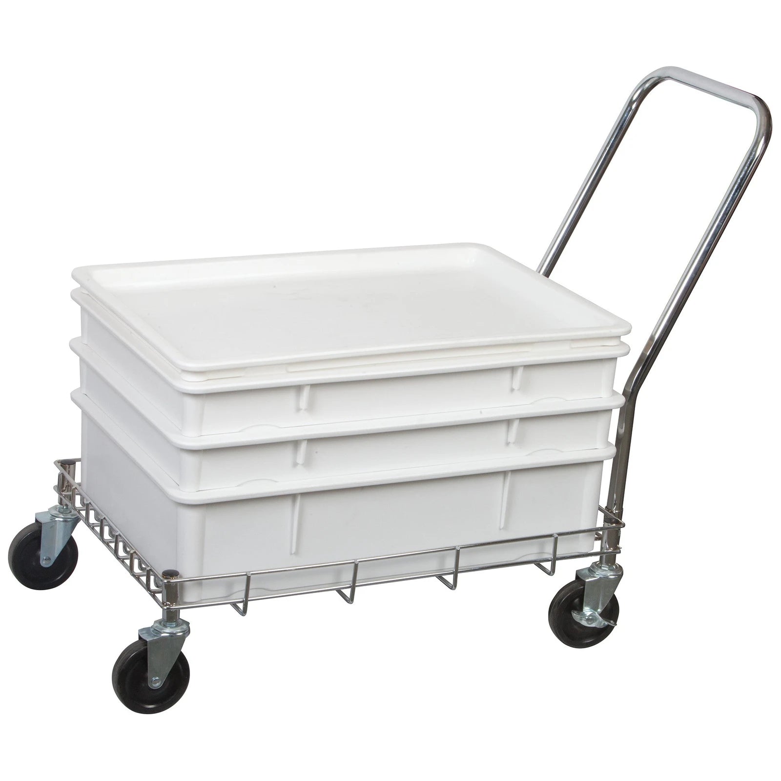 Winco DWR-2617 wire dough box dolly loaded with stacked white dough boxes and cover, angled view