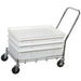 Winco DWR-2617 wire dough box dolly loaded with stacked white dough boxes and cover, angled view