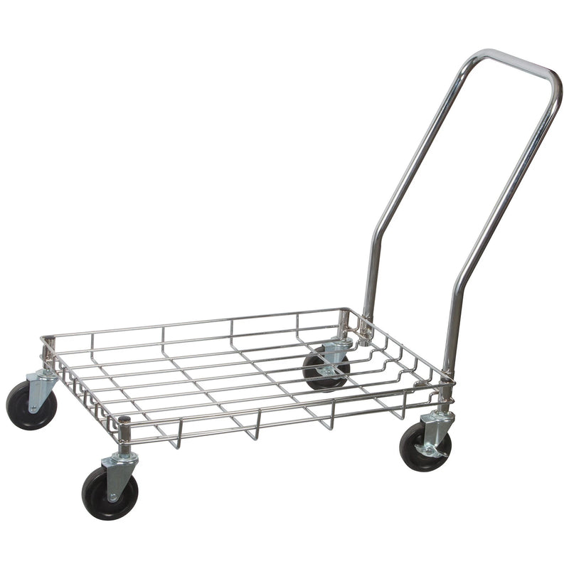 Winco DWR-2617 wire dough box dolly with push handle and 3 3/4 inch casters, empty, angled view