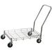 Winco DWR-2617 wire dough box dolly with push handle and 3 3/4 inch casters, empty, angled view