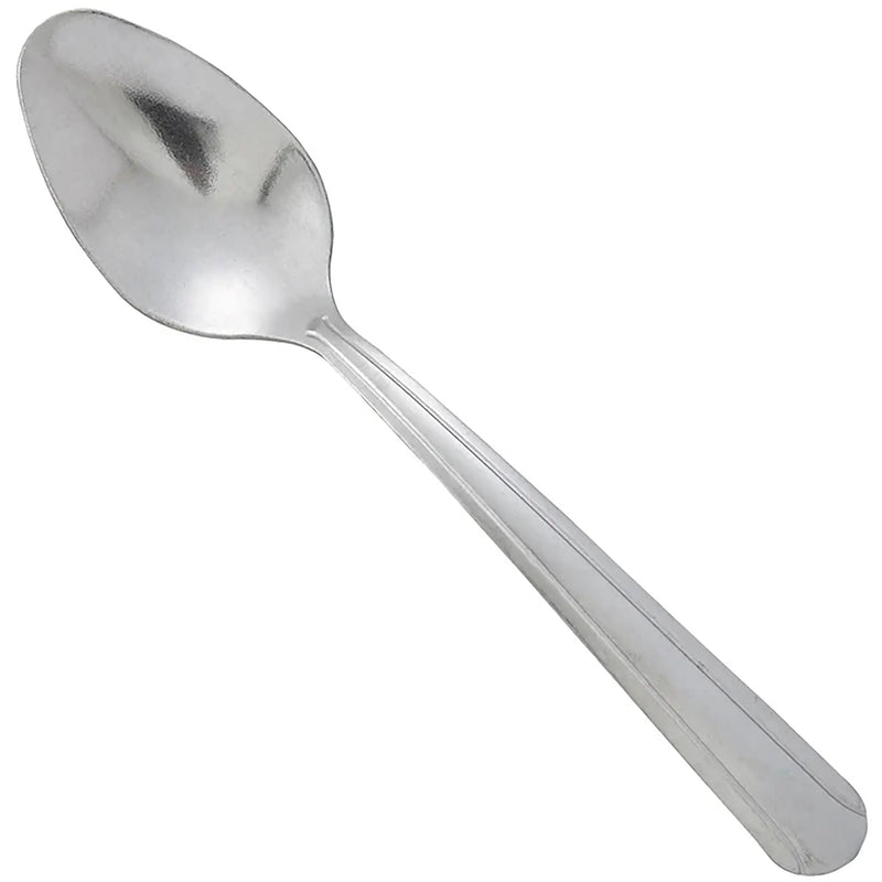 Winco Dominion stainless steel flatware spoon option with an oval bowl and the classic dot pattern handle, angled view