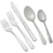 Winco Dominion stainless steel flatware set of 12 options, forks, knife and spoons shown together with the dot pattern