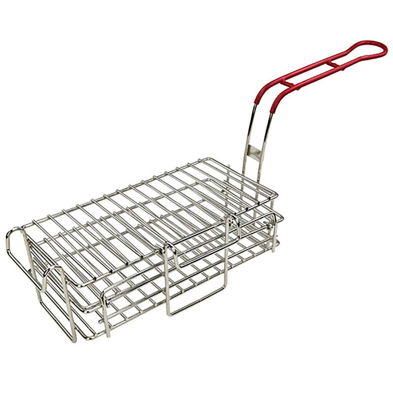 Winco FB-03 chimichanga and burrito fry basket, rectangular chrome wire basket with red coated handle