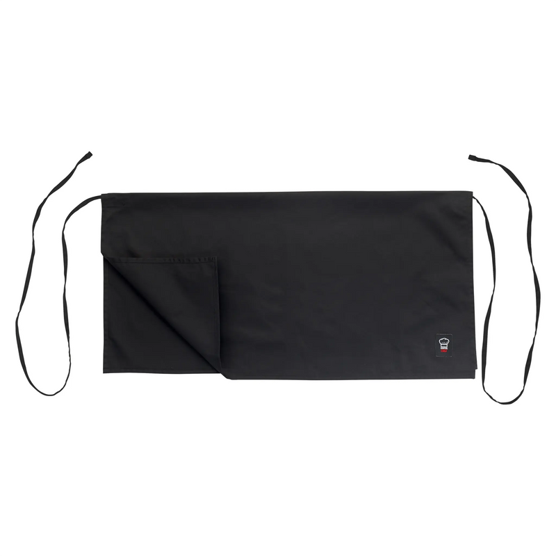 Winco four-way waist apron in black with long ties and fold-down pocket panel, shown laid flat