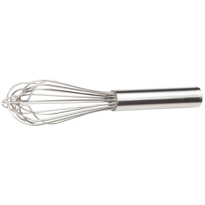 Winco stainless steel French whisk, shortest size option with a thick round handle and tight wire balloon