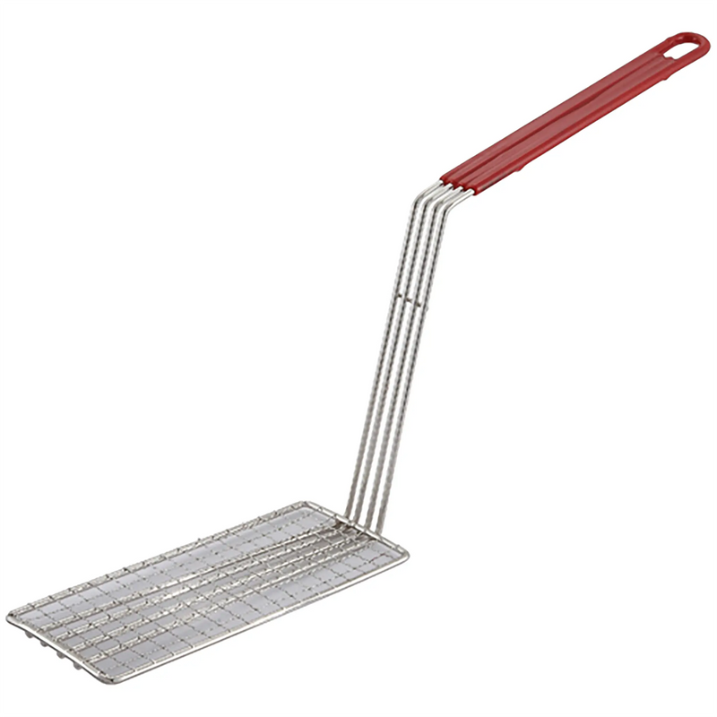Winco fry basket press with 11 inch red-coated handle and flat chrome wire mesh press plate, side view