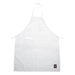 Winco full-length bib apron with pockets in white, front view showing the neck strap, chest pen pocket and waist ties