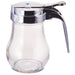 Winco glass syrup dispenser, larger size with clear glass body, chrome plated lid and thumb-lever pour spout