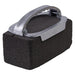 Winco griddle brick holder with aluminum handle shown clamped onto a black pumice griddle cleaning brick