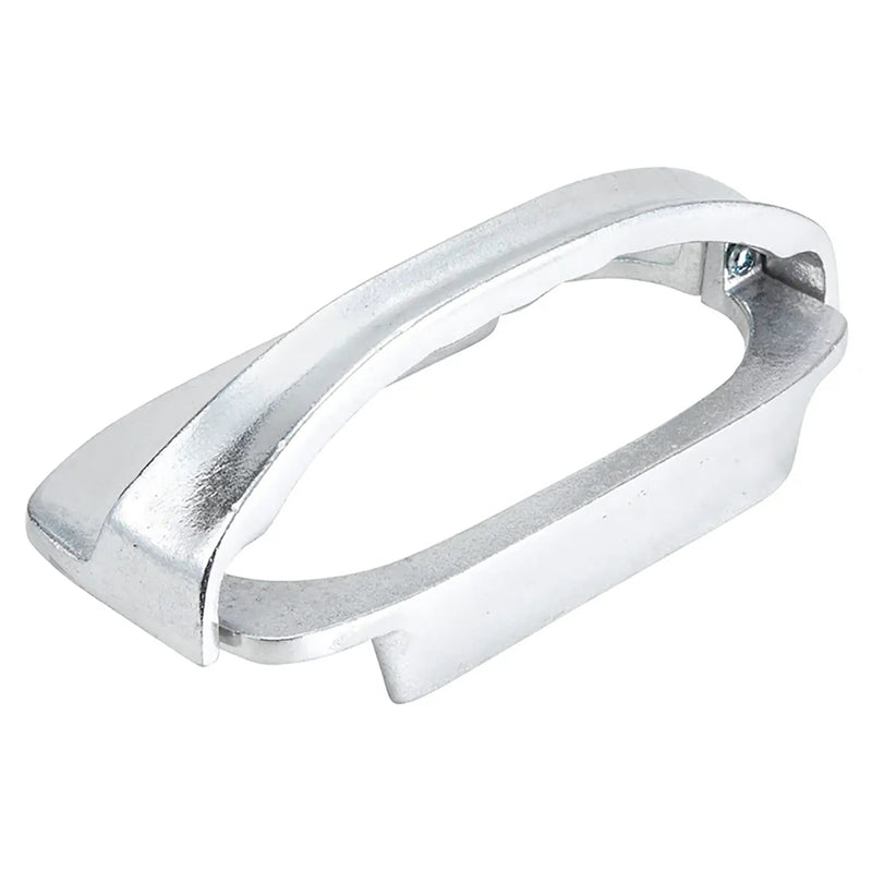 Winco griddle brick holder, cast aluminum clamp-style handle for grill bricks, shown empty, angled view