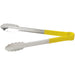 Winco heat resistant heavy duty stainless steel utility tongs with yellow handle grips, longer size, side view