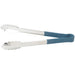 Winco heat resistant heavy duty stainless steel utility tongs with blue handle grips, longer size, side view