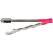 Winco heat resistant heavy duty stainless steel utility tongs with red handle grip, longest size shown open
