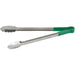 Winco heat resistant heavy duty stainless steel utility tongs with green handle grip, longest size shown open