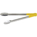 Winco heat resistant heavy duty stainless steel utility tongs with yellow handle grip, longest size shown open