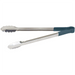 Winco heat resistant heavy duty stainless steel utility tongs with blue handle grip, longest size shown open