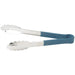 Winco heat resistant heavy duty stainless steel utility tongs with blue handle grips, shorter size, side view