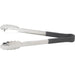 Winco heat resistant heavy duty stainless steel utility tongs with black handle grips, longer size, side view