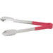 Winco heat resistant heavy duty stainless steel utility tongs with red handle grips, longer size, side view