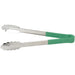 Winco heat resistant heavy duty stainless steel utility tongs with green handle grips, longer size, side view