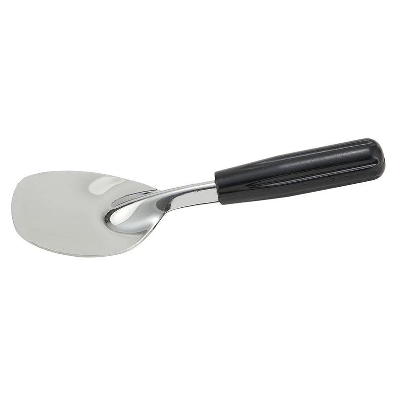 Winco ice cream spade with flat stainless steel blade and black plastic handle, angled view