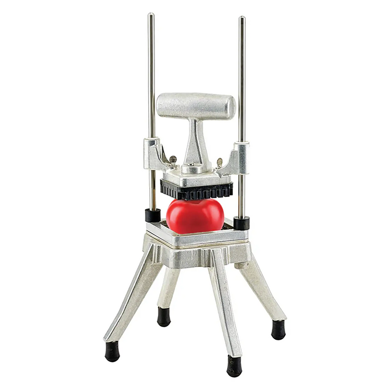 Winco Kattex HCD-series quick slice chopper dicer with a red tomato loaded on the blade, front view
