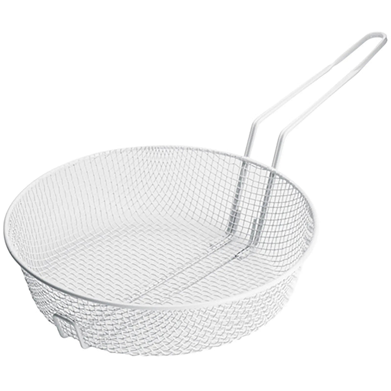 Winco medium mesh breading basket, round chrome-plated wire sifter basket with long handle, angled view
