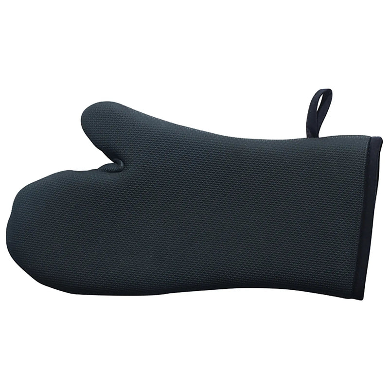 Winco neoprene oven mitt, single black textured mitt with hanging loop, longer size option, side view