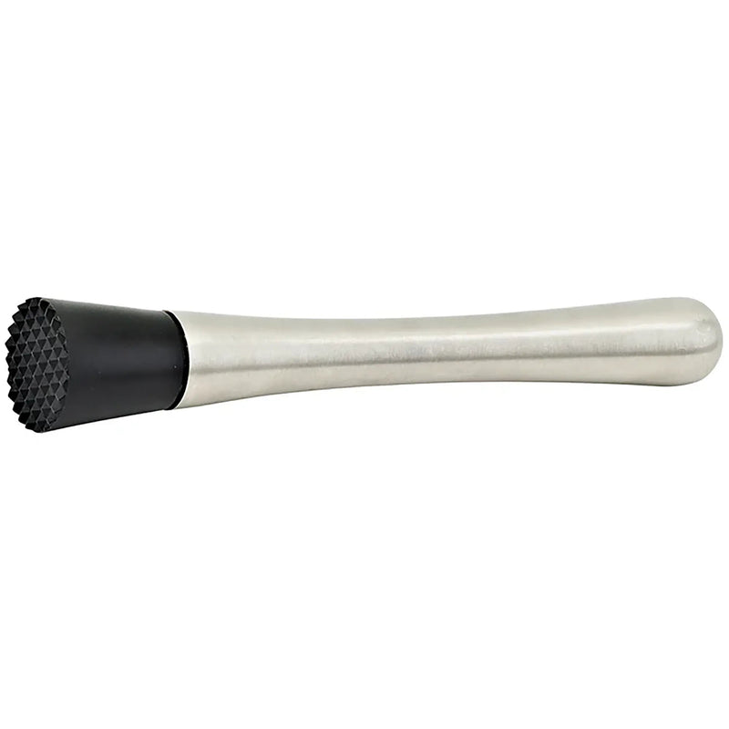 Winco netted head muddler, brushed stainless steel bar muddler with black ridged muddling head, side view