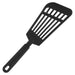 Winco black nylon fish spatula with thin slotted angled blade and long handle, full length view
