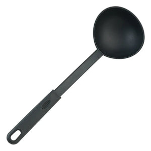 Winco black nylon ladle with deep round bowl and long handle with hanging hole, full length view