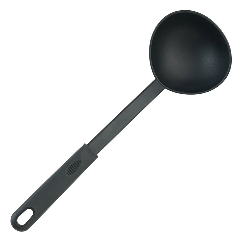 Winco black nylon ladle with deep round bowl and long handle with hanging hole, full length view