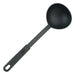 Winco black nylon ladle with deep round bowl and long handle with hanging hole, full length view